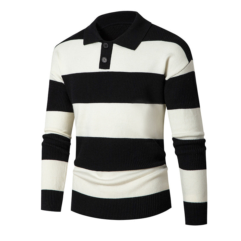 Contrast Color Striped Lapel Sweater Men's