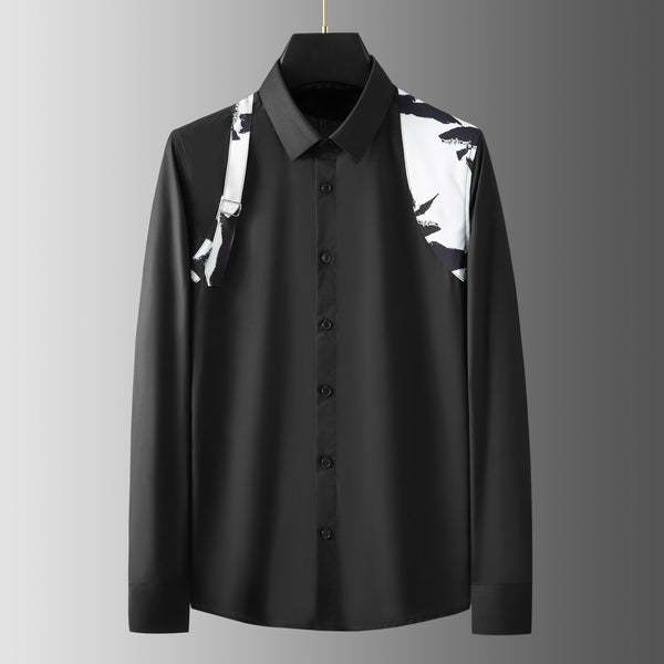 Contrast Color Shoulder Strap Nightclub Slim-fit Shirt For Men