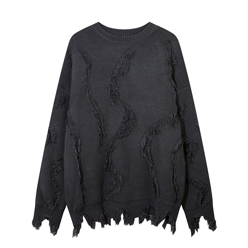 Idle Style Cat Beard Tassel Ripped Round Neck Sweater