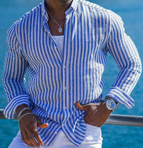 Summer striped Lapel Long Sleeve Shirt