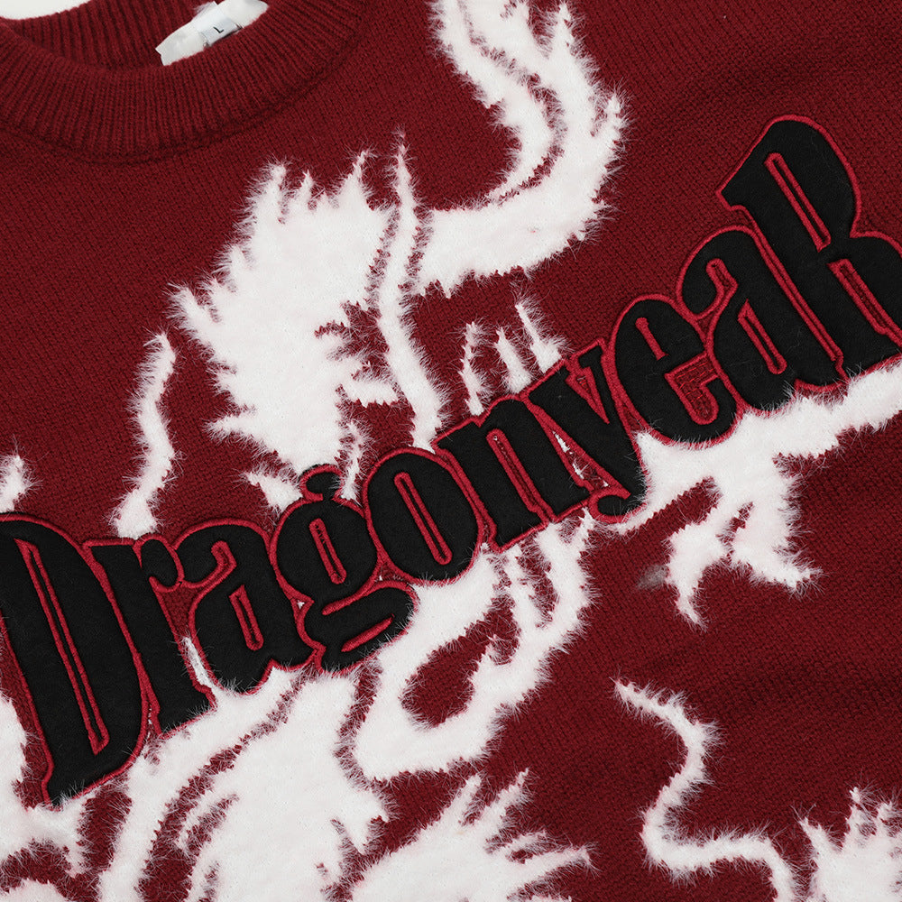 Maglione in maglia ricamato con motivo a drago in jacquard e lettere