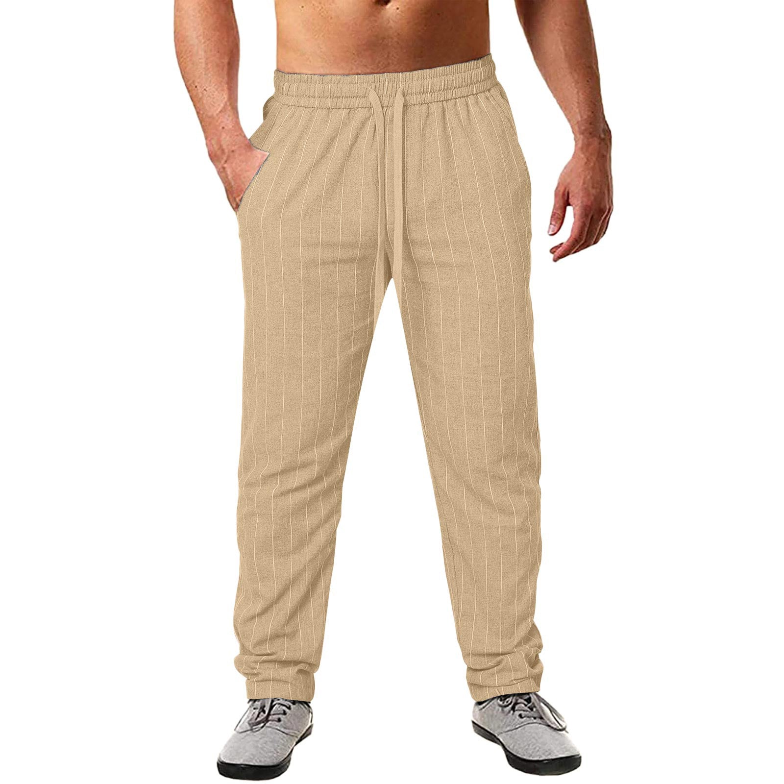 Men's Vertical Stripe Lace Elastic Waist Cotton Linen pants