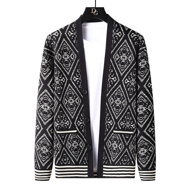 Spring And Autumn Jacquard Cardigan V-neck Sweater Men