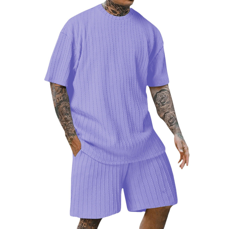 Men's Round Neck Pullover Vertical Pattern Two-piece summer Set