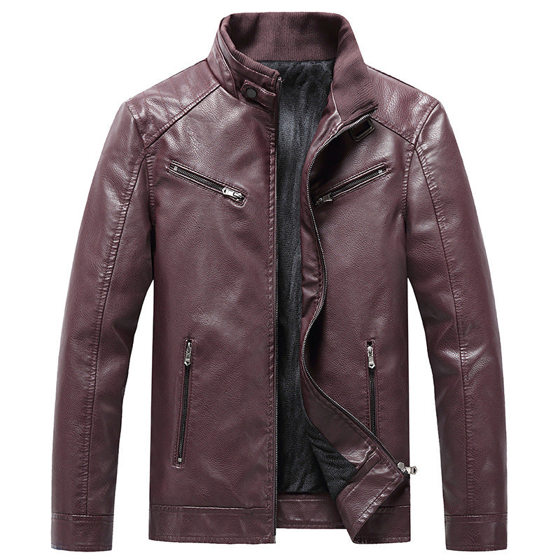 Men's Padded Coat Stand Collar PU Leather Jacket