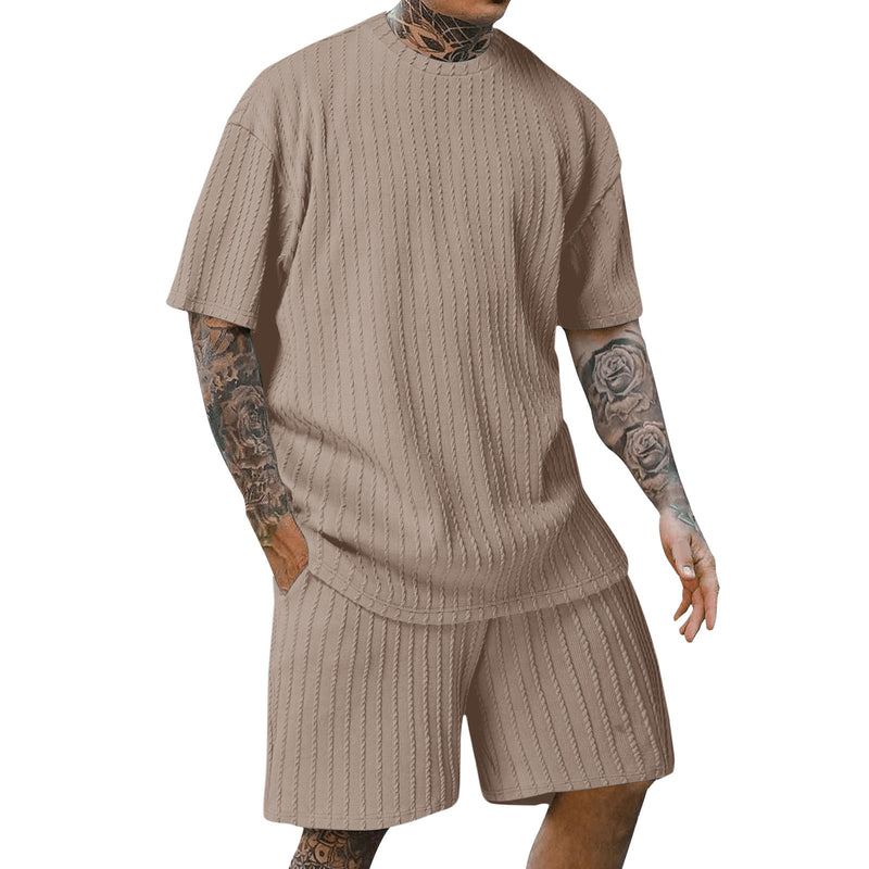 Men's Round Neck Pullover Vertical Pattern Two-piece summer Set