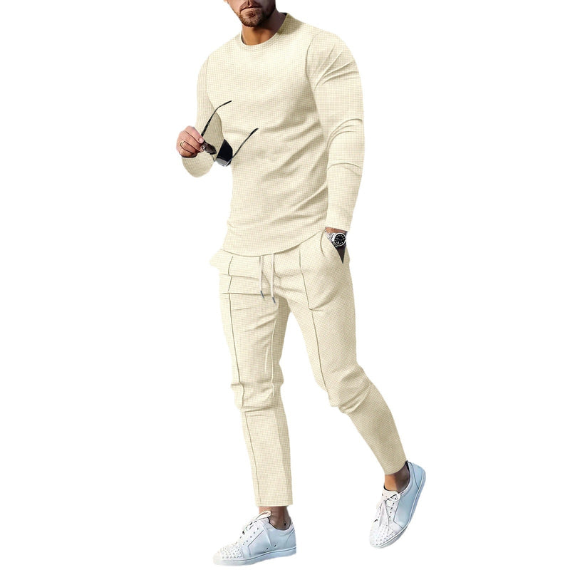 Men's Casual Waffle Long Sleeve Round Neck summer Suit