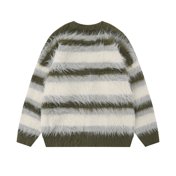 Striped With Fleece Lining V-neck Sweater Coat Autumn And Winter