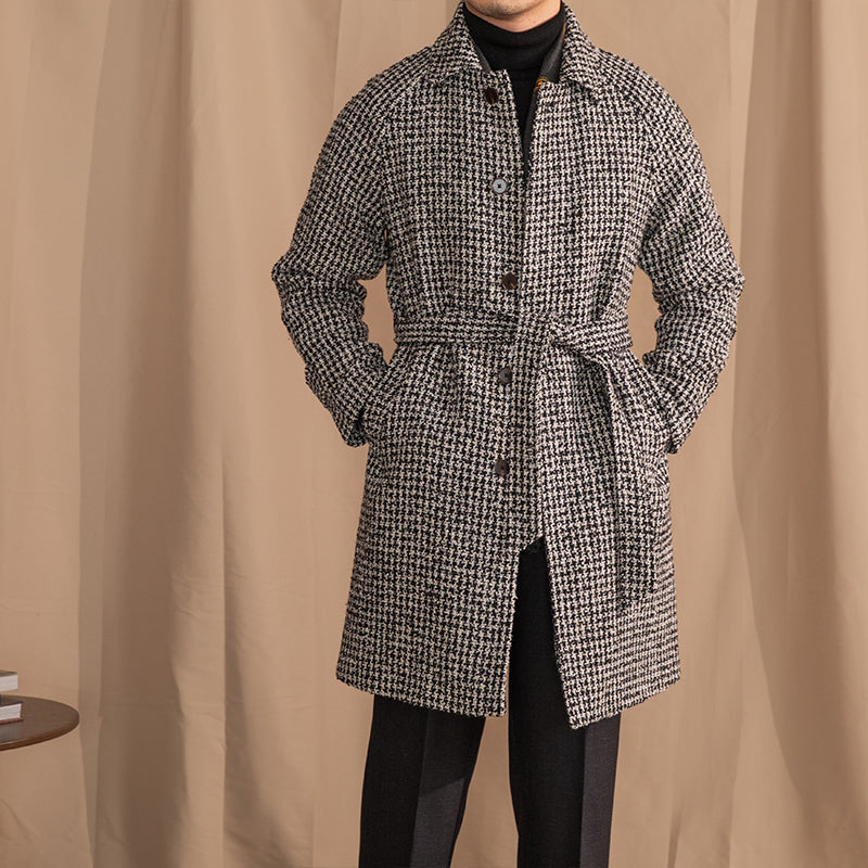 Balmacaan Wool Blend Houndstooth Belted Wrap Coat