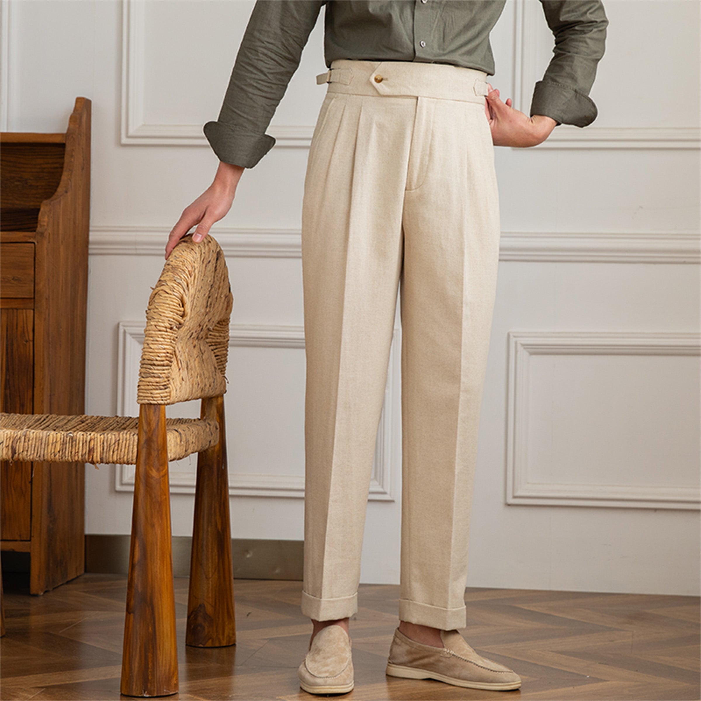 Casino Royale Linen Blend Double Pleated Straight Fit Trousers