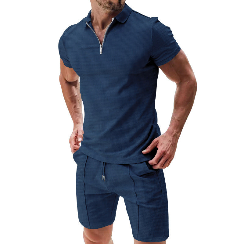 Summer Zipper Lapel Short-sleeved Versatile T-shirt Set