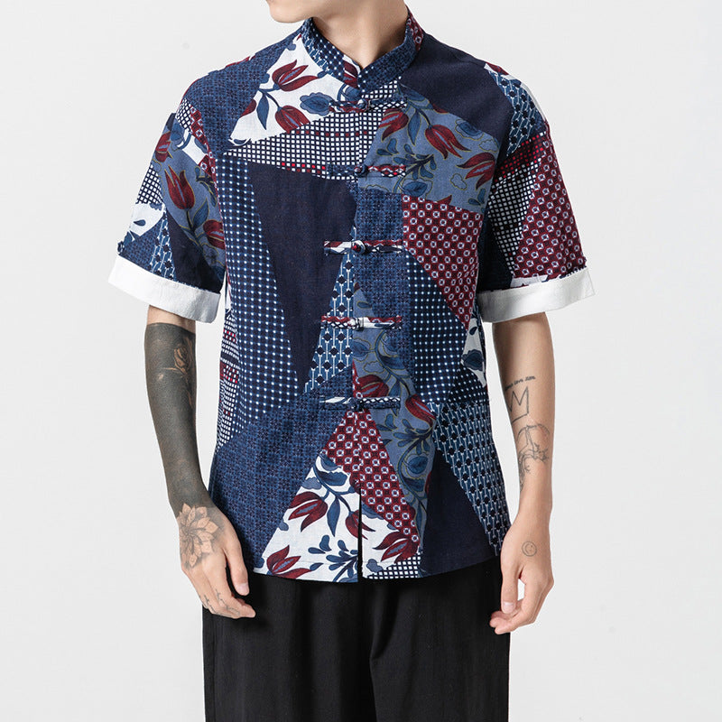 Men's Loose Stand-up Collar Printed Short-sleeved Shirt