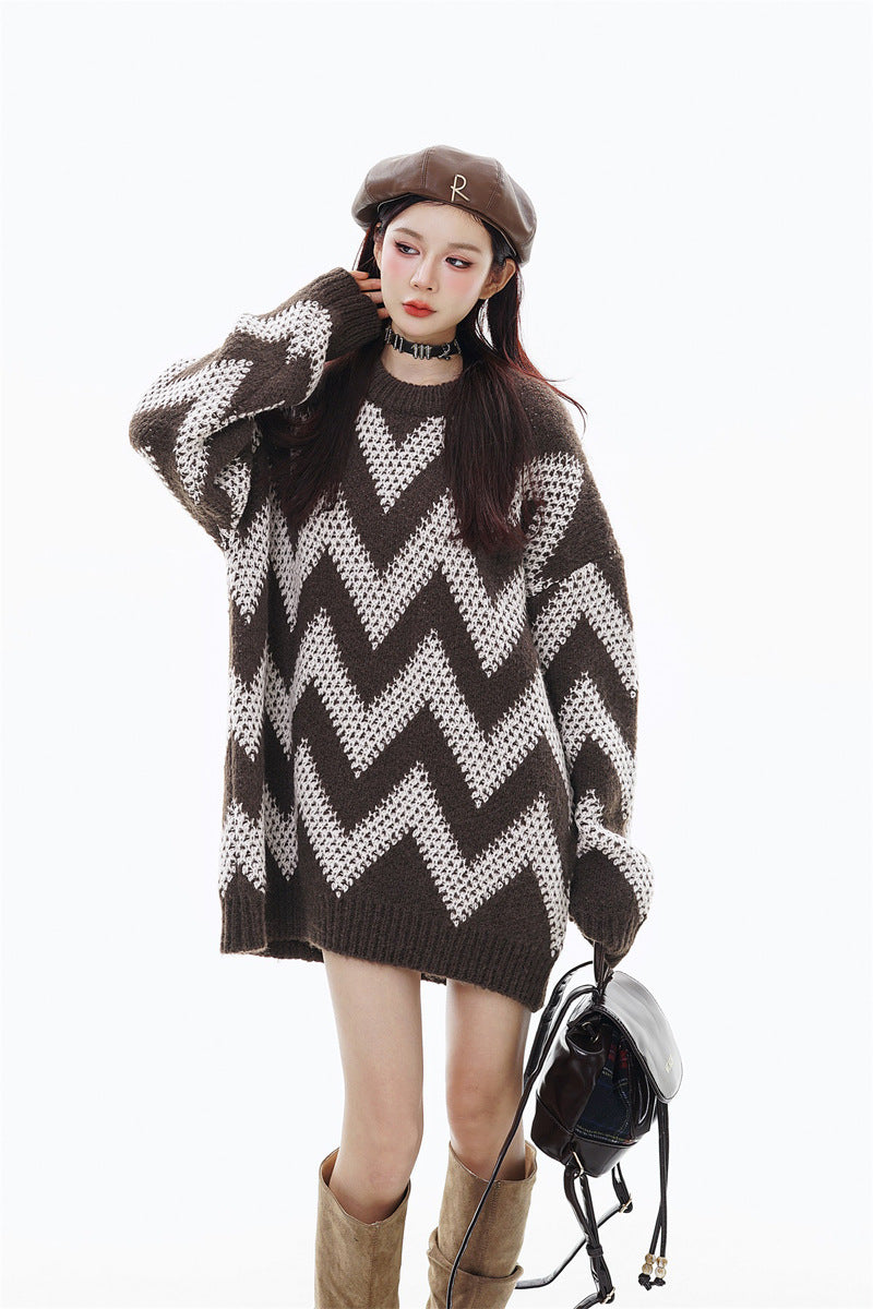 Retro Diamond Plaid Contrast Color Wave Striped Sweater