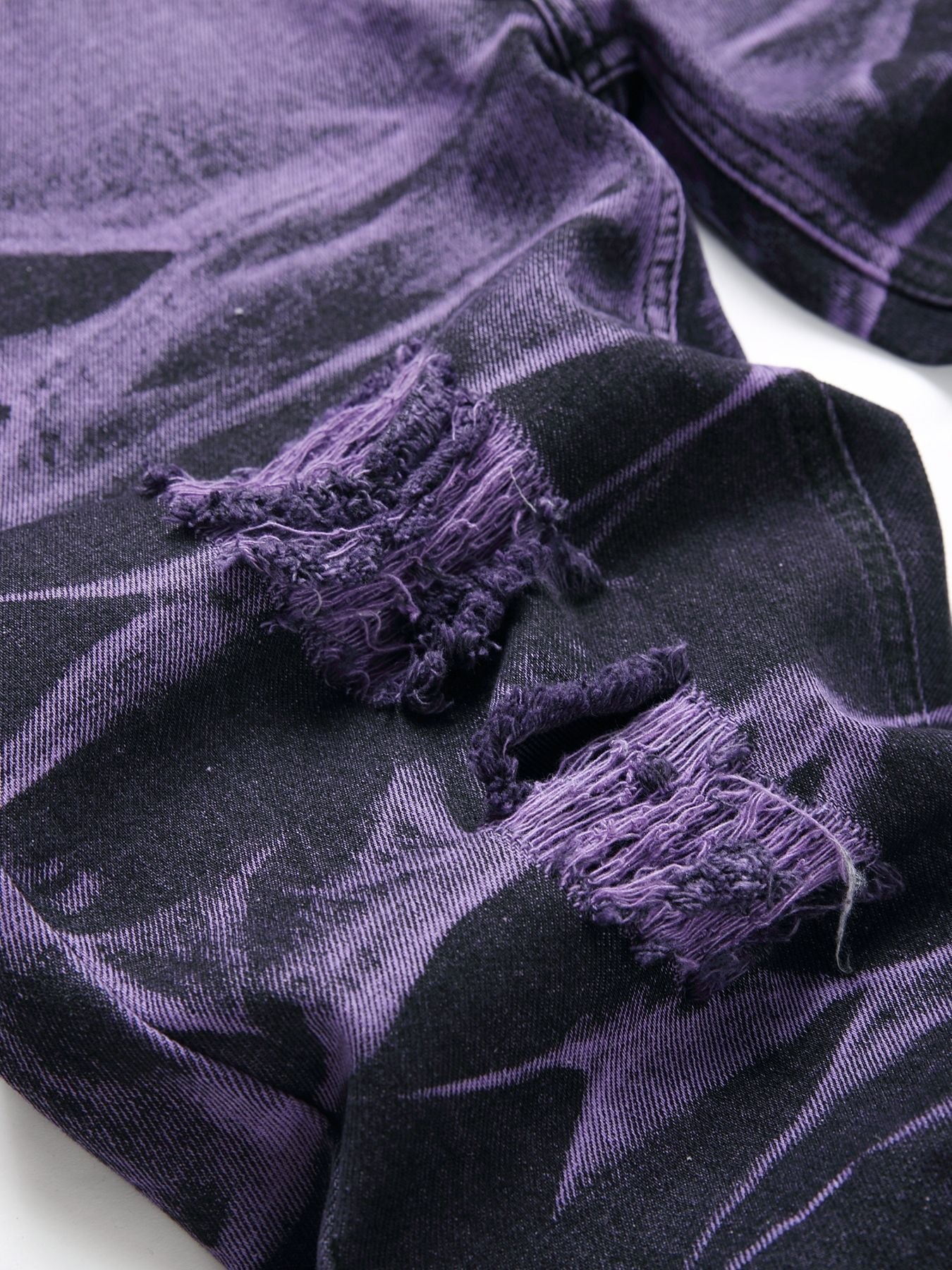 Purple And Black Fried Ripped Denim Trousers