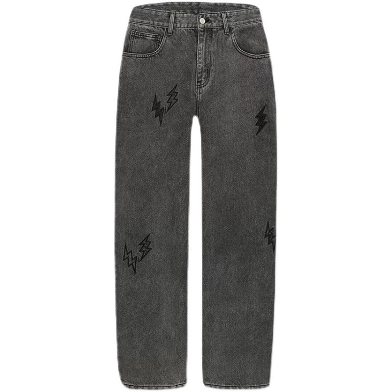 Lightning Embroidered Straight Loose Distressed Jeans For guys