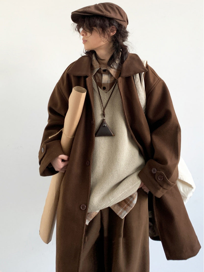 Japanese-style Retro Brown Woolen trench Coat