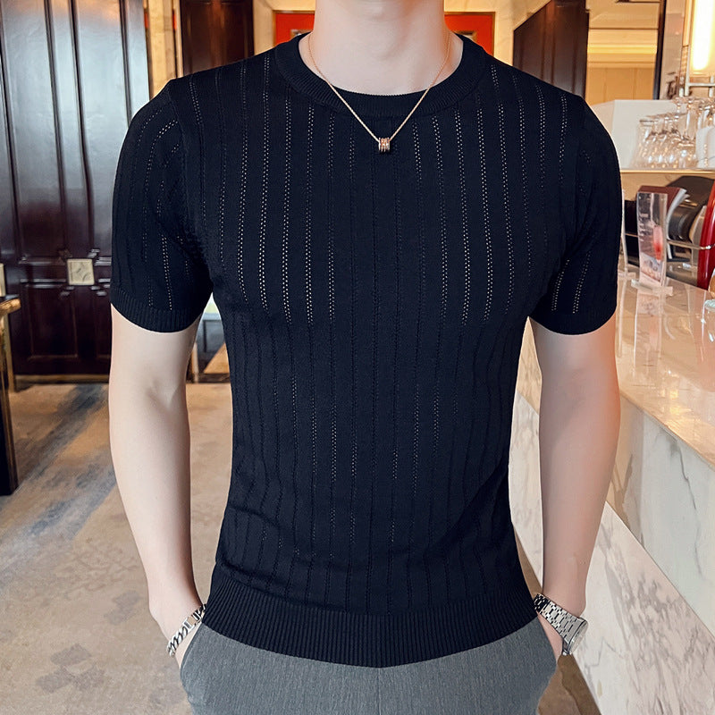 Hollow-out Half-sleeved Ice Silk Crew Neck T-shirt