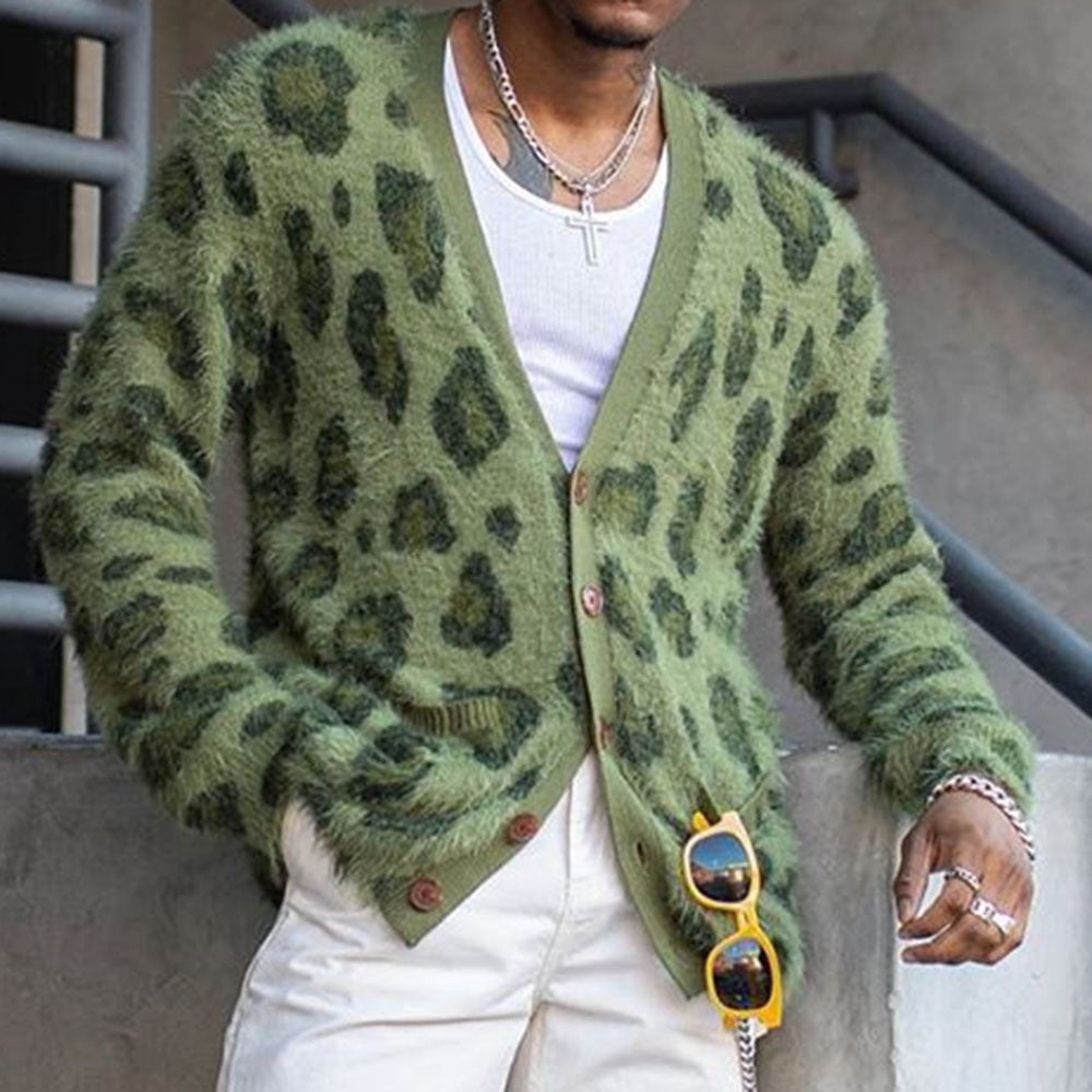 Men's V-Neck Button Down Plush Leopard Print Jacket