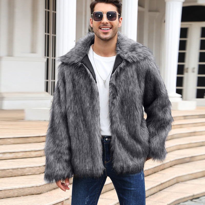 Men's Lapel Short Faux Fur Jacket Warm Overcoat