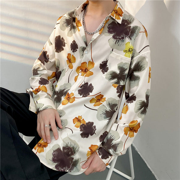 Camisa floral holgada retro de manga larga para hombre