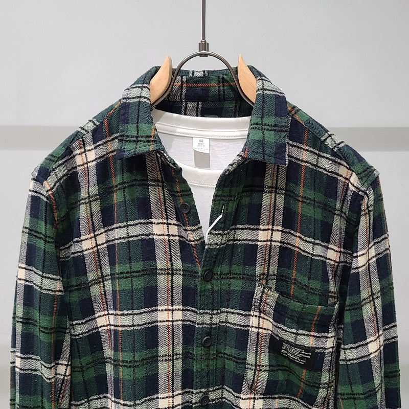 Green Plaid Cotton Long Sleeve Shirt