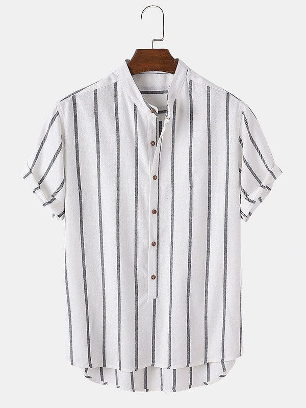 Striped Men's Stand Collar Short Sleeve Shirt Men