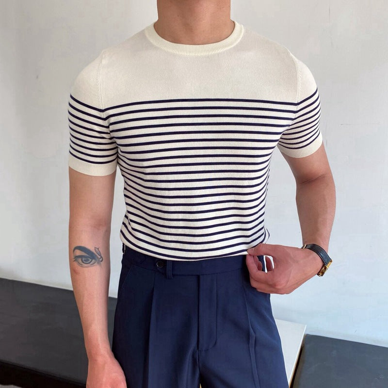 Short Sleeve Striped Sweater Slim Fit Men's T-Shirt