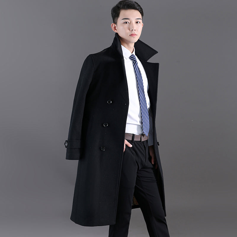 Men's Long Windbreaker Autumn And Winter Woolen Double-breasted Slim coat