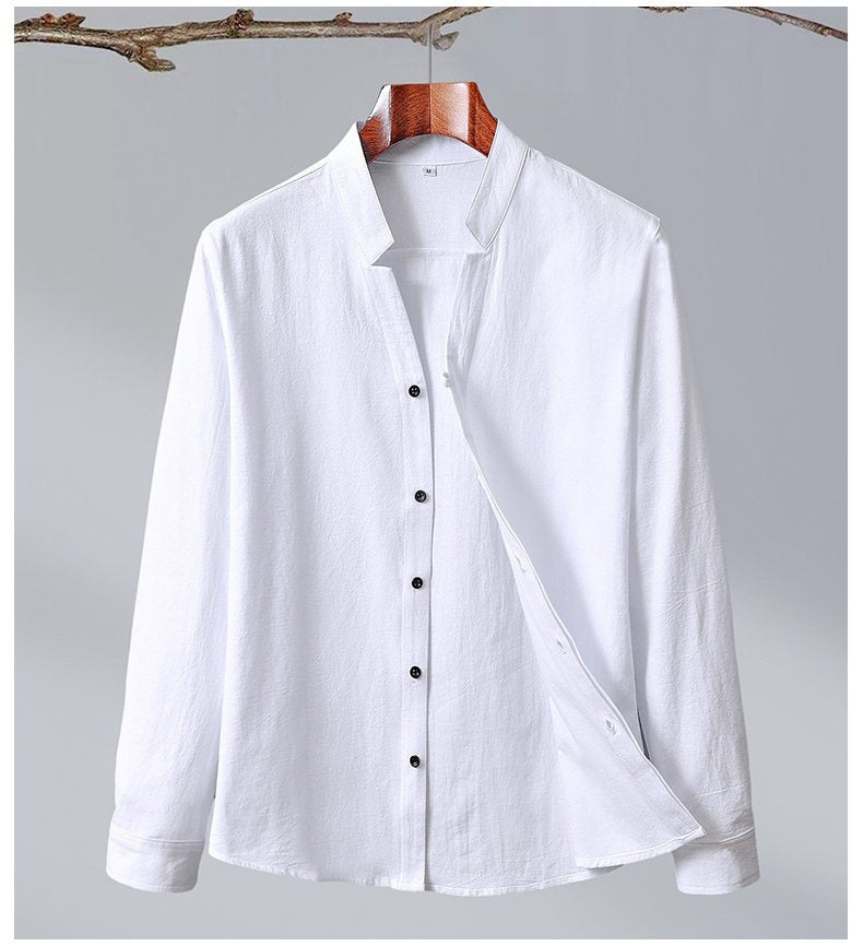 Cotton And Linen Crepe Solid Color Men's Long-sleeved Shirt