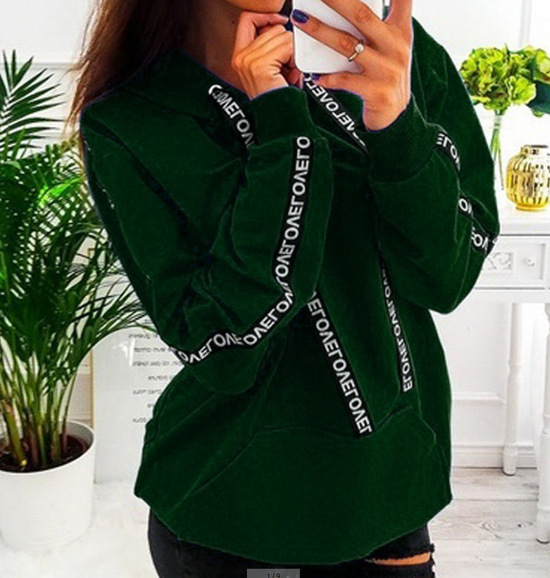 Ladies Loose And Thin Letter Ribbon Hooded Sweater