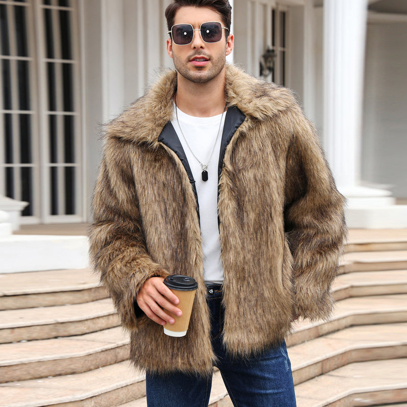 Men's Lapel Short Faux Fur Jacket Warm Overcoat