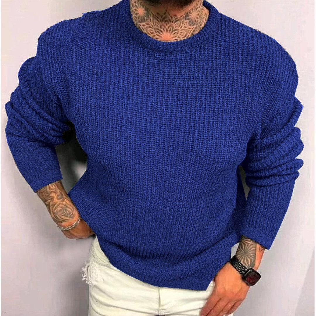 Men's Solid Color Waffle Round Neck Pullover sweater