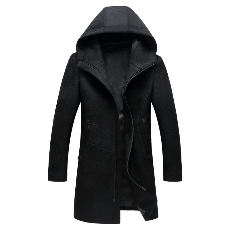 Autumn And Winter Woolen Coat Men's Windbreaker Mid-length Hooded