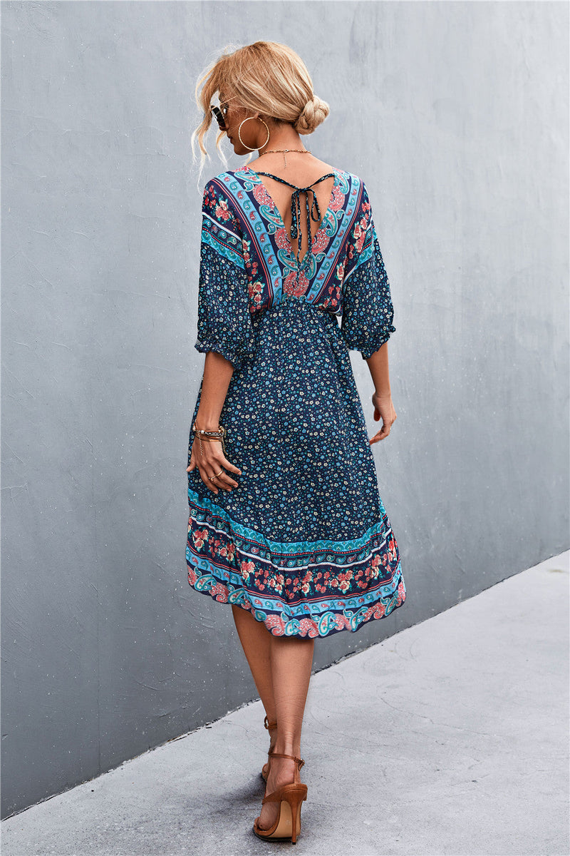 Printed Bohemian V Neck Dress