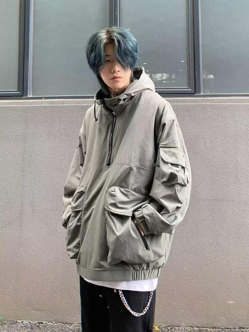 Loose Half Zip Windbreaker Workwear Hooded Jacket