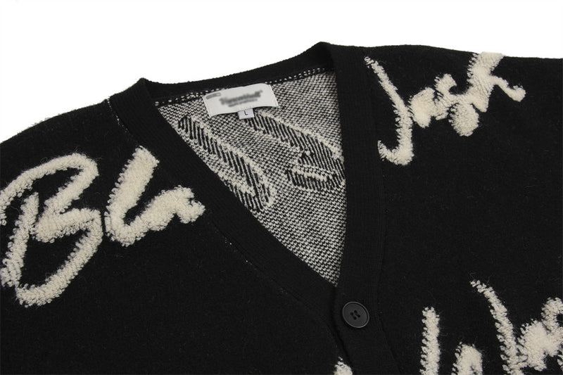 Over Printed Letters Flocking Embroidery V-neck Knitted Cardigan