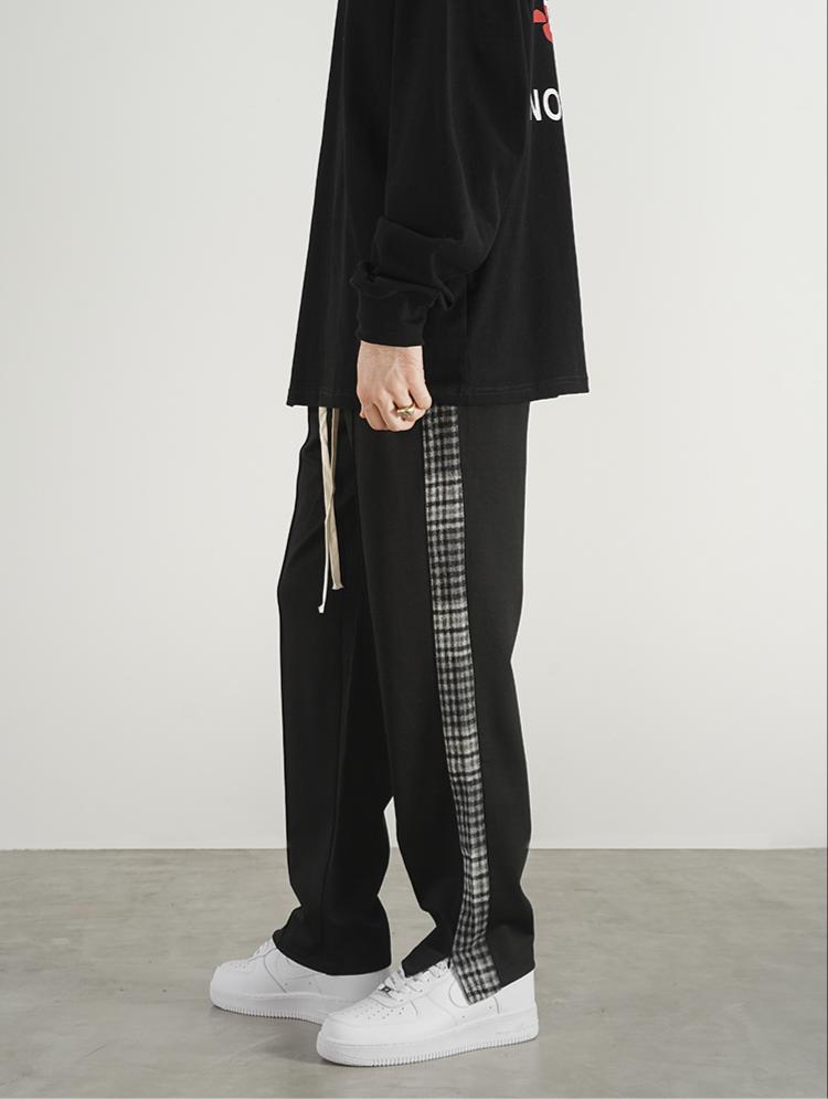 Checked Webbing String Label Straight Slit Sweatpants