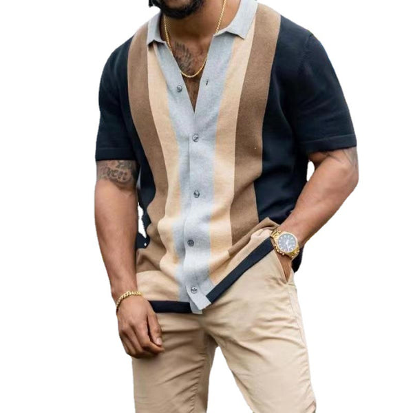 Men's Striped Casual Short-sleeved Knitted Cardigan shirt