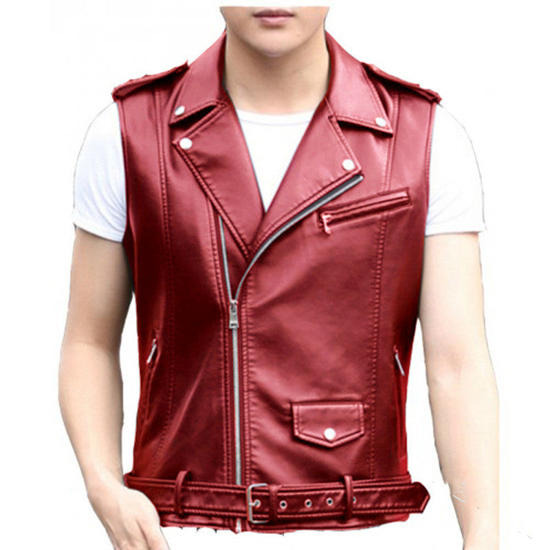 Short Slim Punk Motorcycle Vest Oblique Zipper PU Leather Jacket