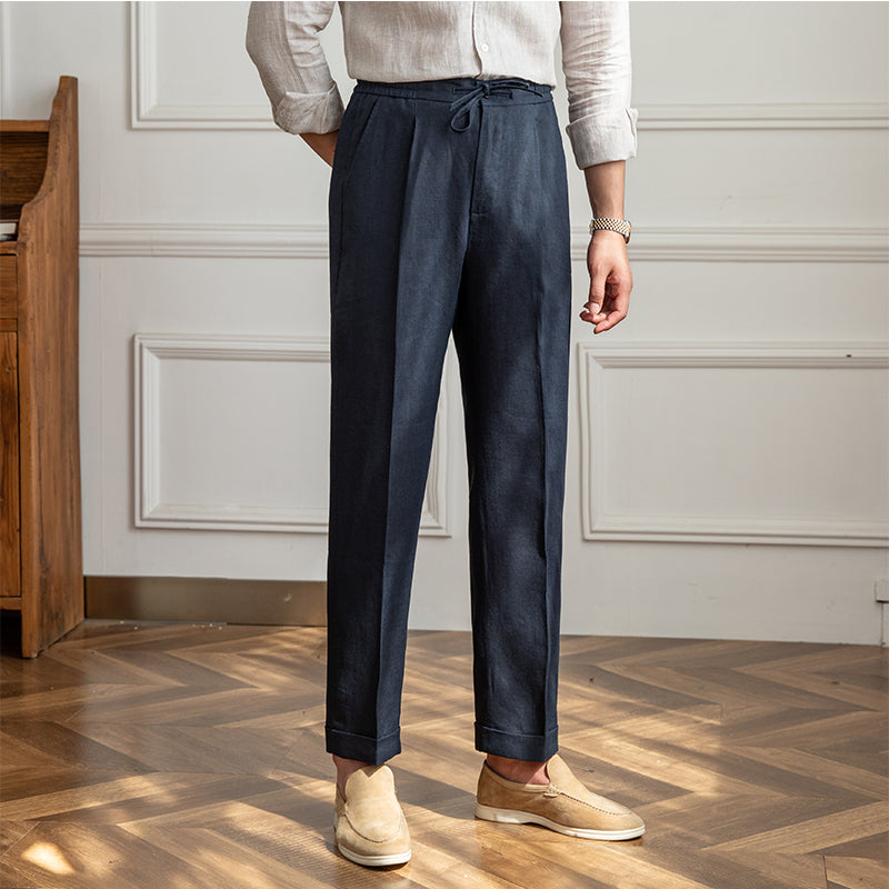 Pantalones casuales de lino finos atados para hombres