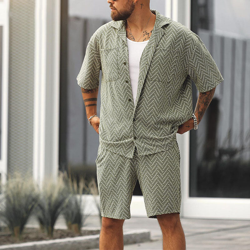 Traje de dos piezas de vacaciones con estampado suelto y solapa para hombre