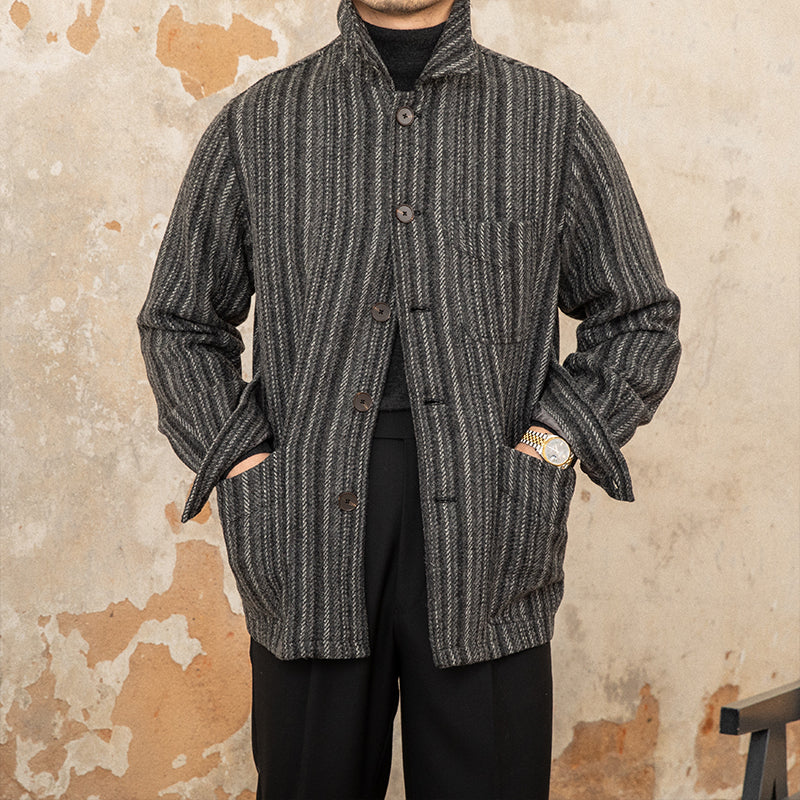 Parma Herringbone Striped Wool Blend Work Shirt Jacket