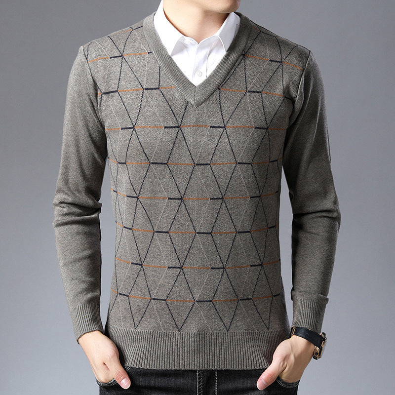 Maglione spesso da uomo a maniche lunghe in jacquard con scollo a V