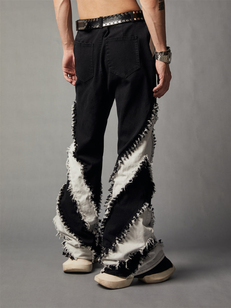 Black And White Patchwork Slim Fitting Rough Edge Washed Jeans