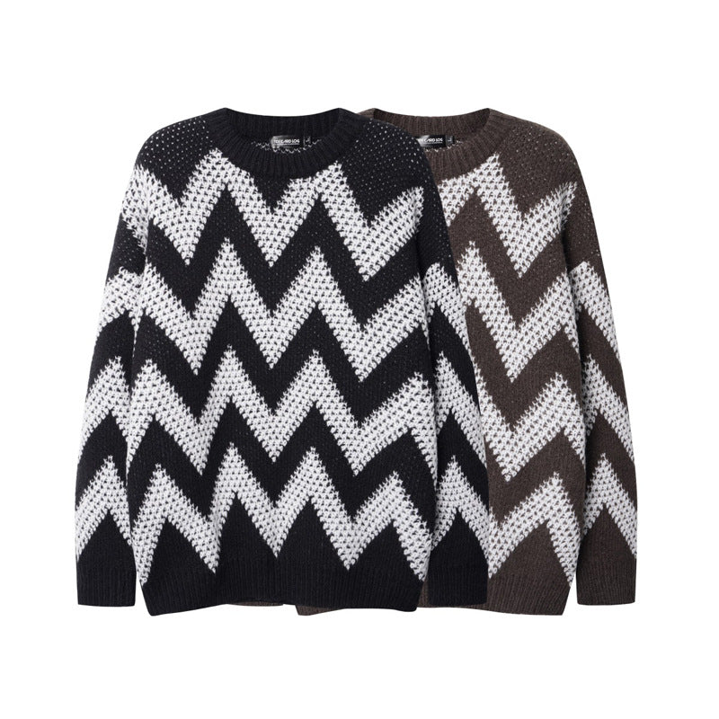 Retro Diamond Plaid Contrast Color Wave Striped Sweater