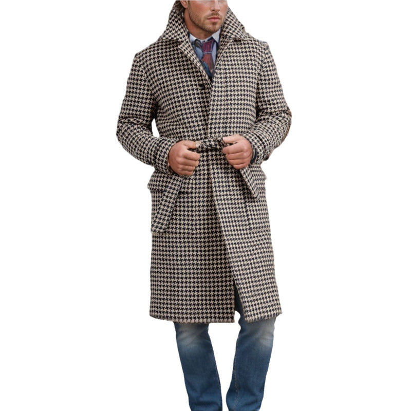 Men's Mid-length Woolen Houndstooth Quilted Coat