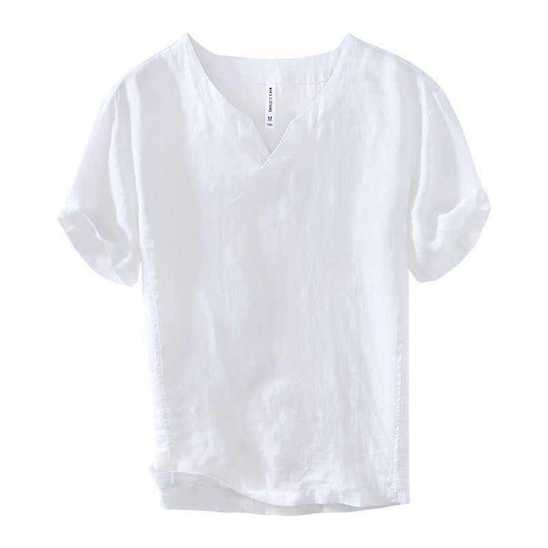 Men's Retro V-neck Linen Bottoming Shirt Short-sleeved T-shirt