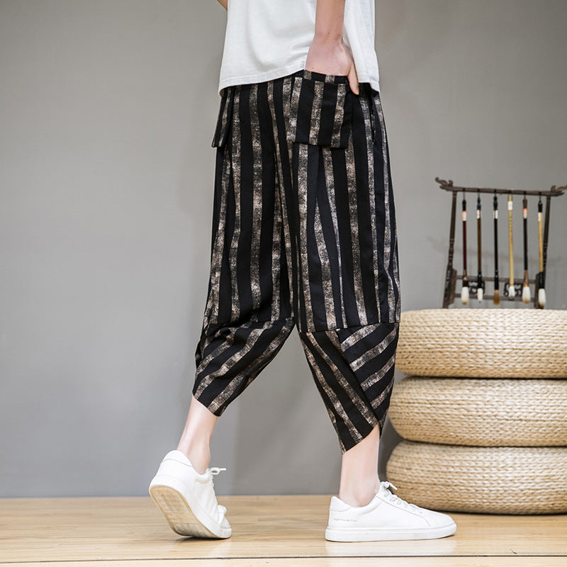 Striped Carrot Plus Size Loose Beach Pants Cropped Pants