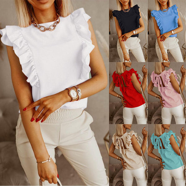 Women's Loose Round Neck Solid Color Ruffle Short Sleeve Shirt