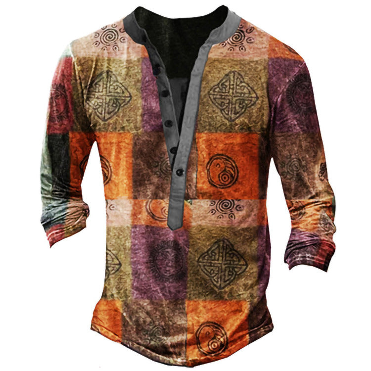 Casual V-neck Long Sleeve Digital Print Slim Pullover Men's shirt